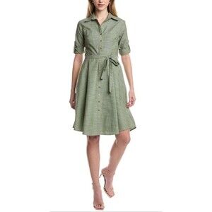 Sharagano Women’s Tie‑Waist Shirtdress Olive Green Short Sleeve Button Front 10
